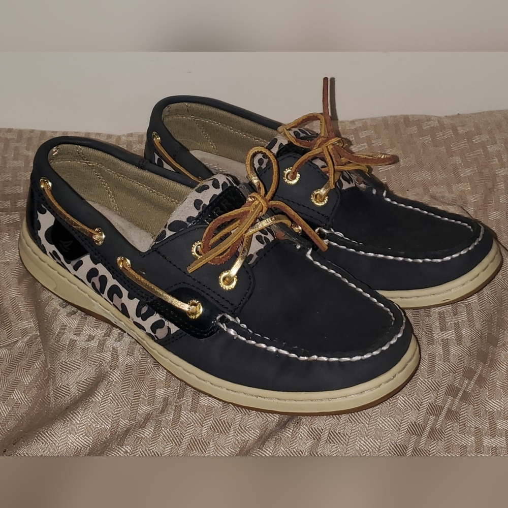 Sperry Black Top-siders w/cheetah and gold trim